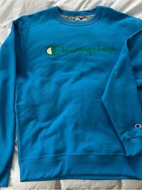 Champion Teal Sweatshirt with Green Script Logo
